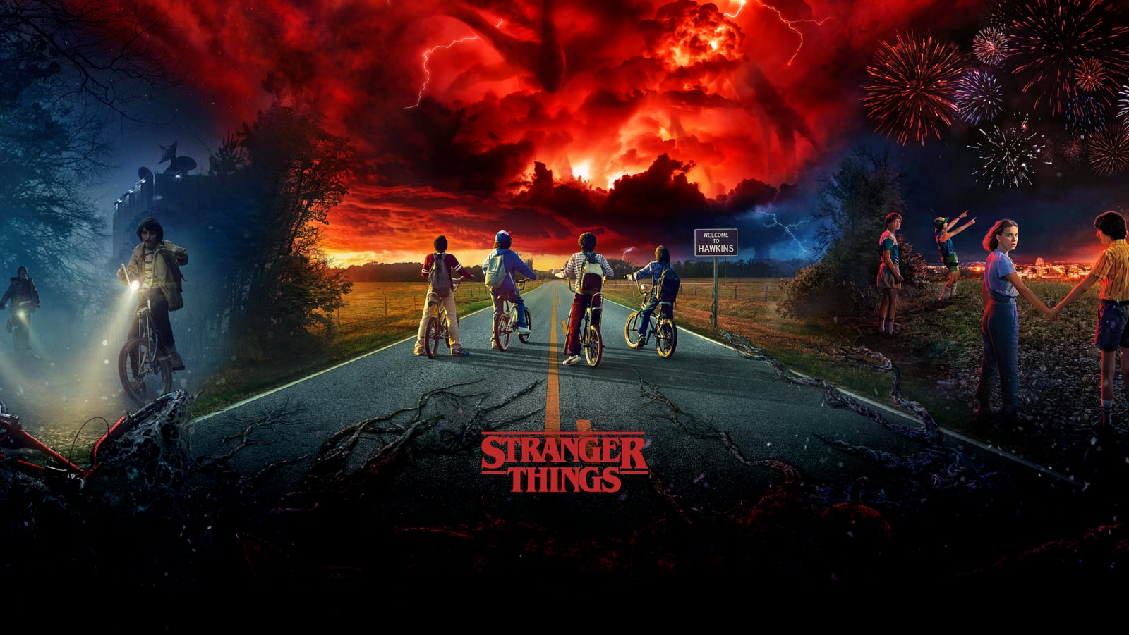 Stranger Things artwork from Netflix.shop, with cyclists beneath a red storm over Hawkins