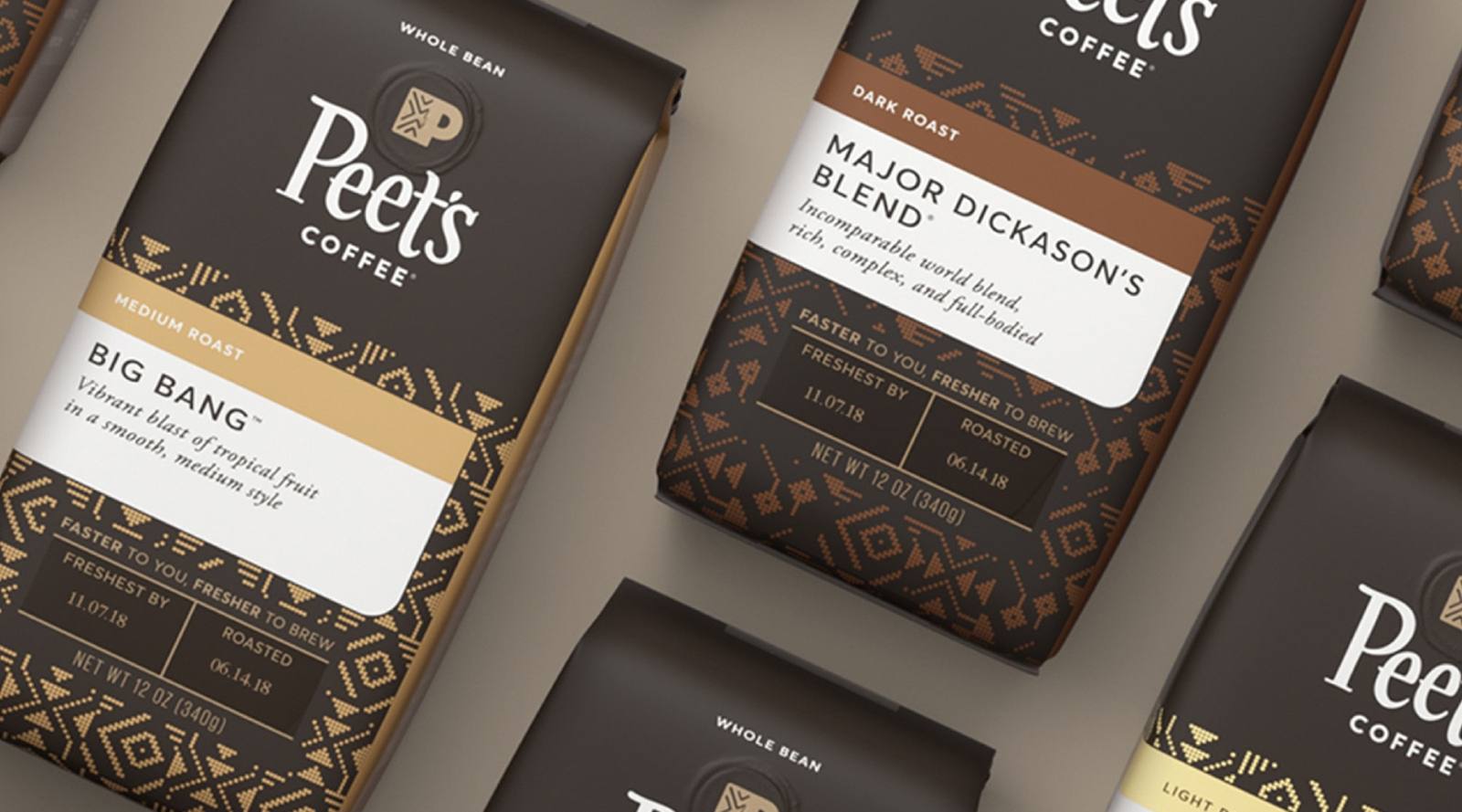 Bags of Peet’s Coffee arranged on a neutral background